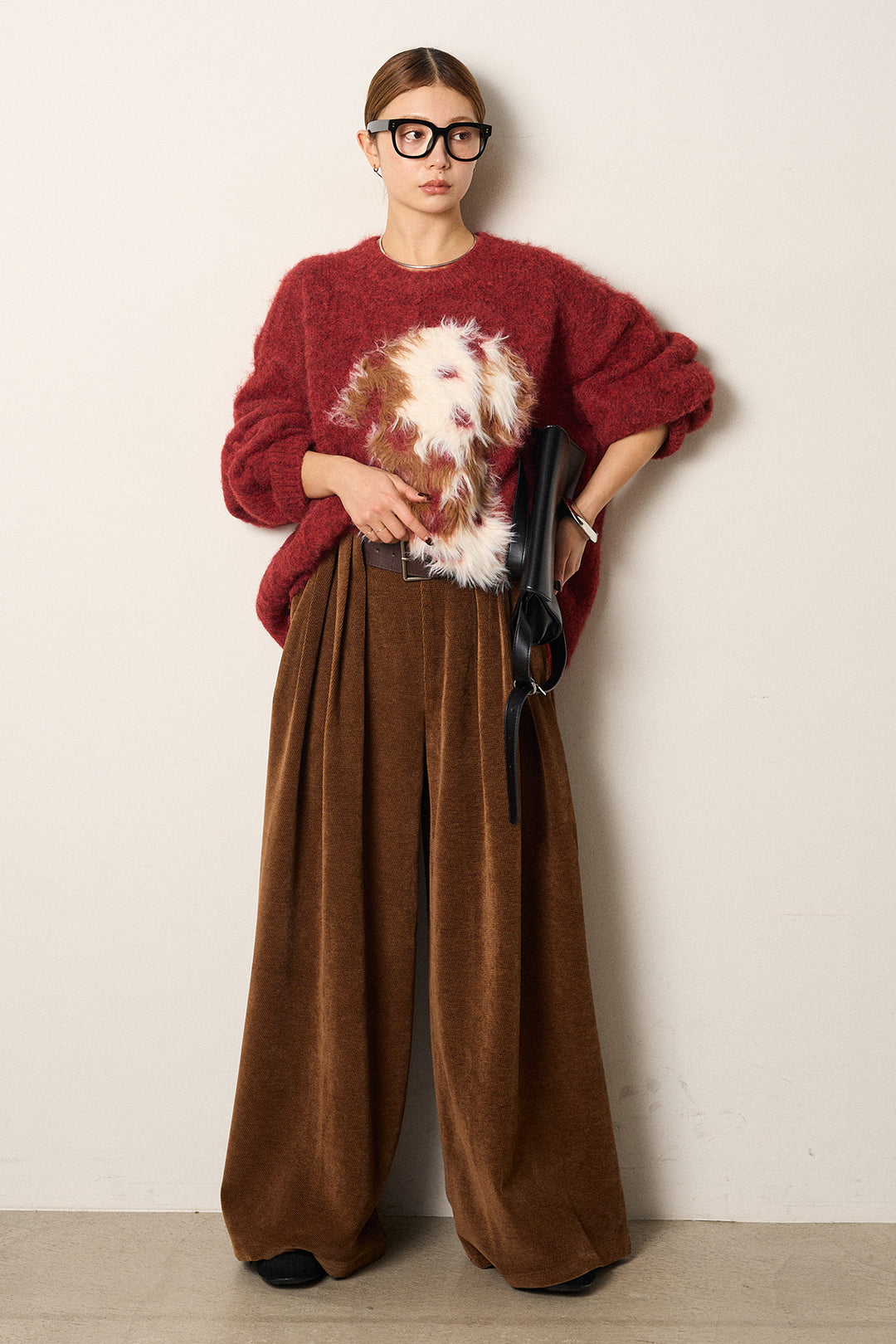 [SET]シャギーニュアンスアニマルニット+ベルトループコーデュロイワイドパンツ(2set)