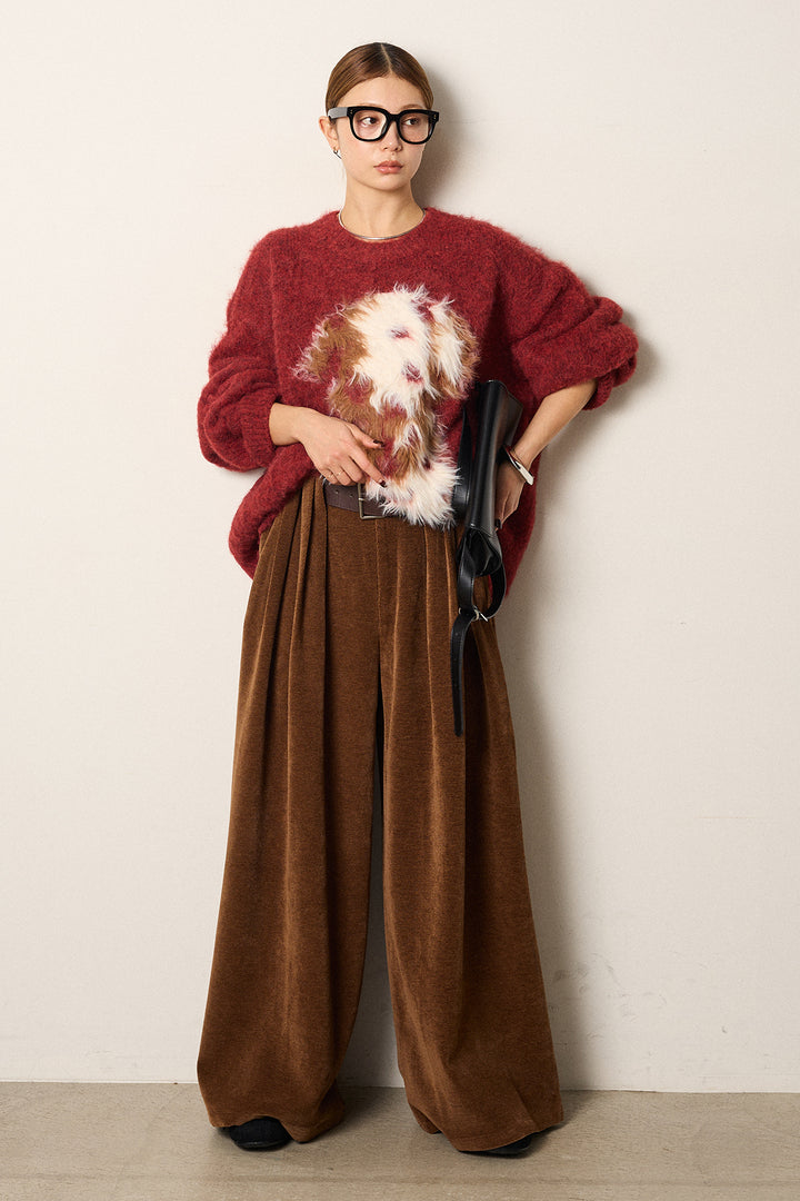 [SET]シャギーニュアンスアニマルニット+ベルトループコーデュロイワイドパンツ(2set)