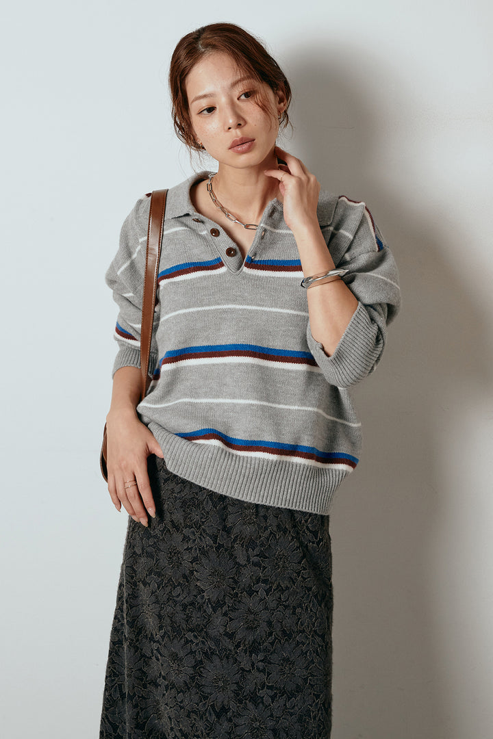 [SET]襟付きマルチボーダーニットポロトップス+花柄刺繍ベロアフレアスカート(2set)