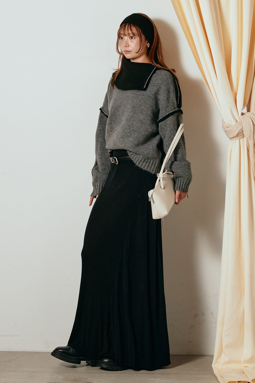 [SET]ハイネックジップデザインニットトップス+サイド切り替えリブニットロングスカート(2set)