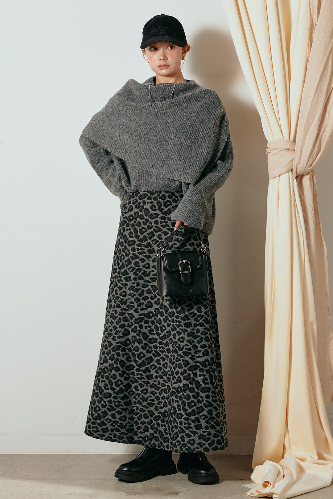 [SET]ケープデザインリブニットトップス+レオパードロングスカート(2set)