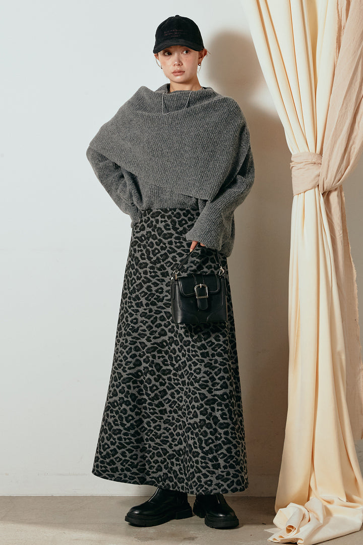 [SET]ケープデザインリブニットトップス+レオパードロングスカート(2set)
