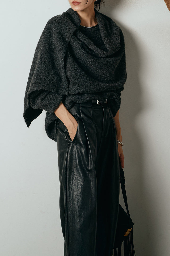 [SET]ネック巻きデザインニットトップス+ベルト付きレザーライクタックパンツ(2set)