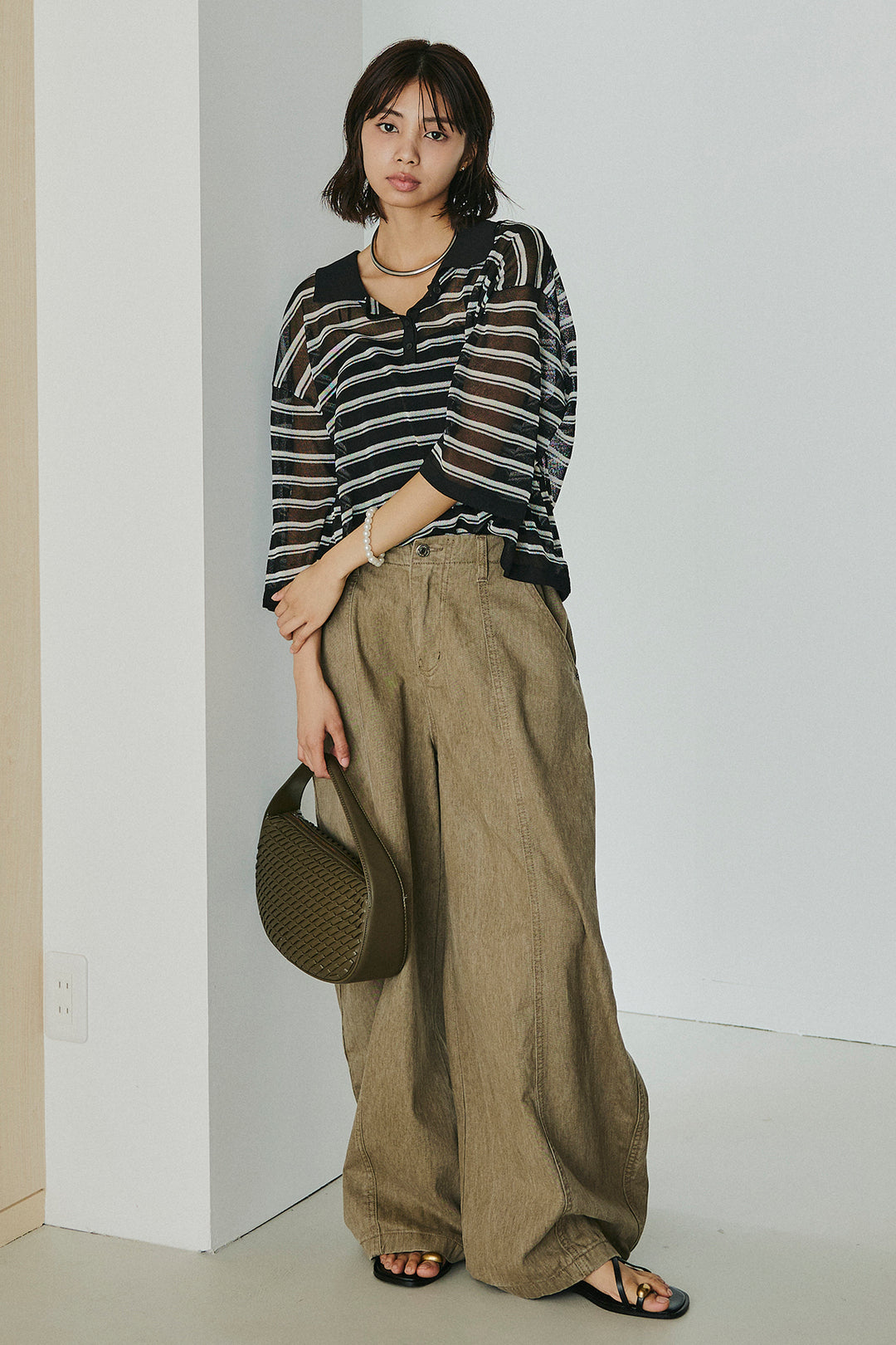 [SET]ボーダーニットポロシャツ+サイドベルトカーブワイドパンツ(2set)