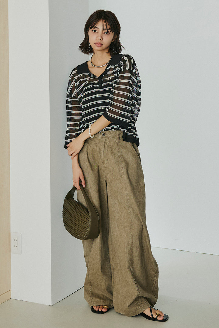 [SET]ボーダーニットポロシャツ+サイドベルトカーブワイドパンツ(2set)