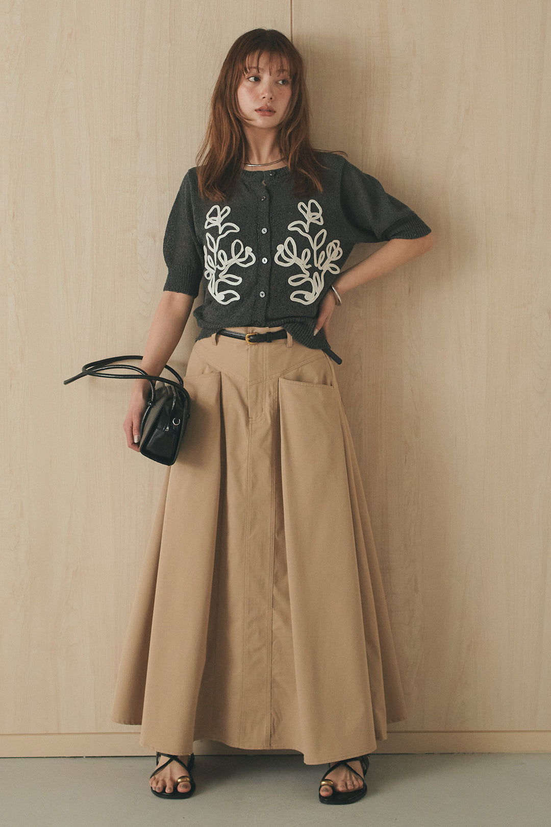 [SET]フロントテープデザイン半袖カーディガン+ミリタリーツイルタックフレアスカート(2set)