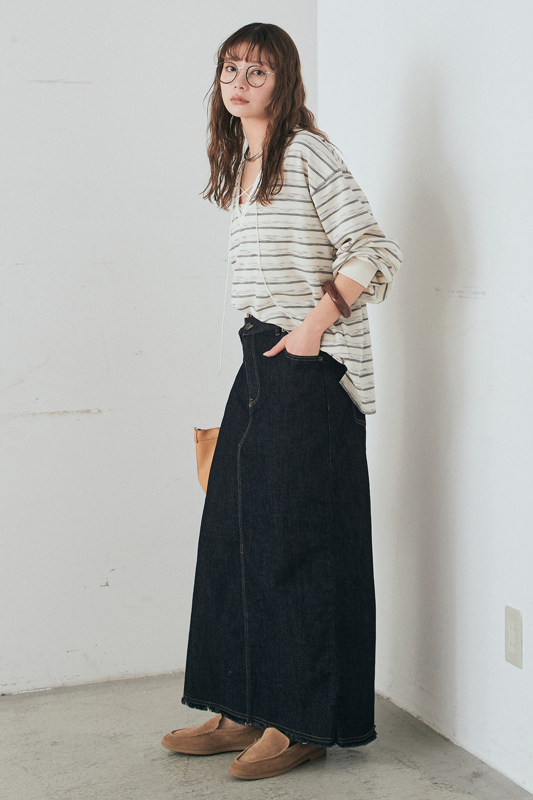 [SET]レースアップワッフルボーダートップス+ウエストクロスデニムタイトスカート(2set)