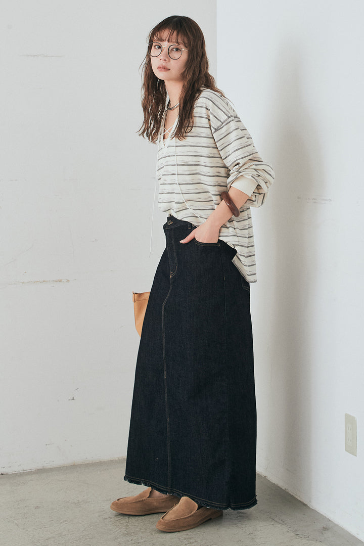 [SET]レースアップワッフルボーダートップス+ウエストクロスデニムタイトスカート(2set)