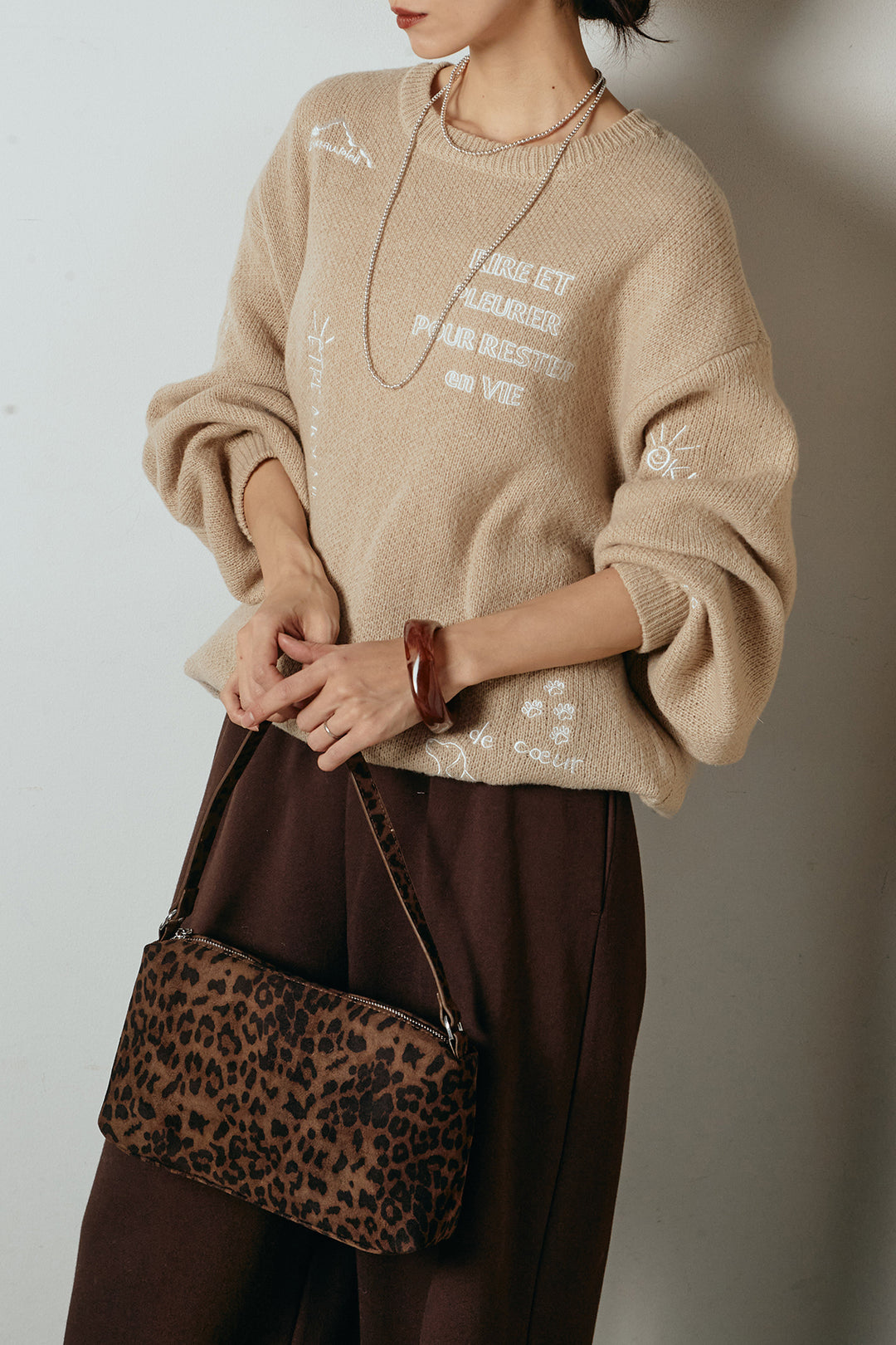 [SET]刺繍ロゴランダムデザインニットトップス+裏起毛スウェットワイドパンツ(2set)