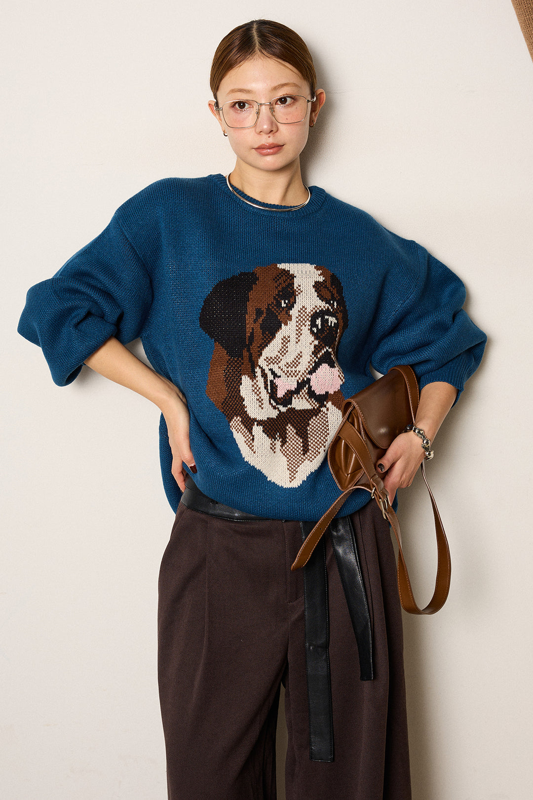 [SET]アニマルジャガード柄ニットトップス+巻ベルトウエストレザーライクワイドパンツ(2set)