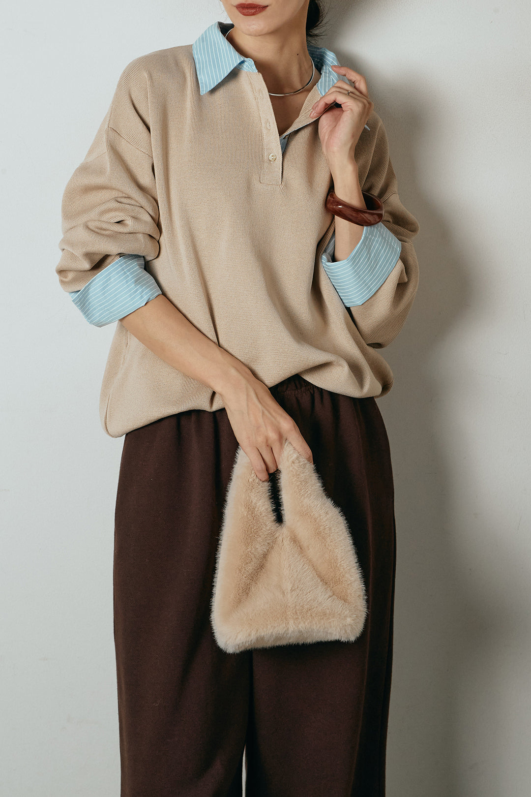 [SET]ストライプシャツドッキングポロトップス+裏起毛スウェットワイドパンツ(2set)