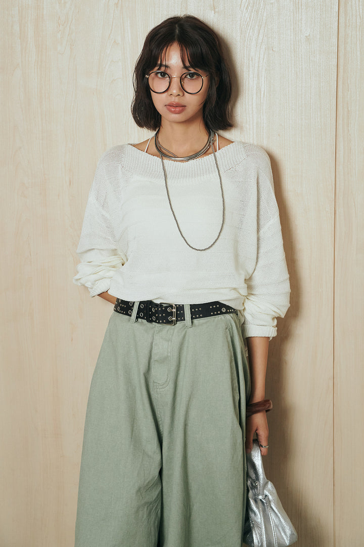 [SET]麻混リラックスニットトップス+ベルト付きカラーデニムパンツ(2set)