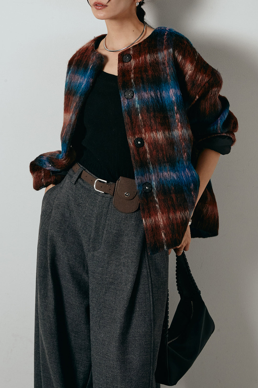 [SET]ノーカラーシャギーチェックアウター+ポーチベルト付きカーブパンツ(2set)