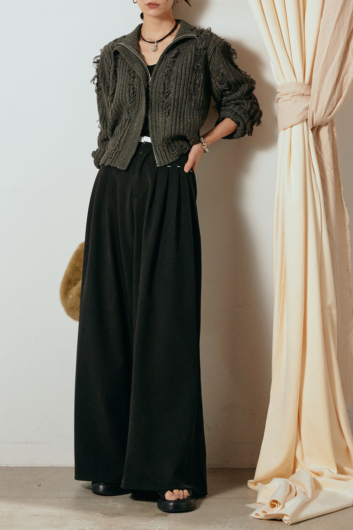 [SET]ハイネックフリンジジップニットトップス+ウエストステッチデザインワイドスラックス(2set)