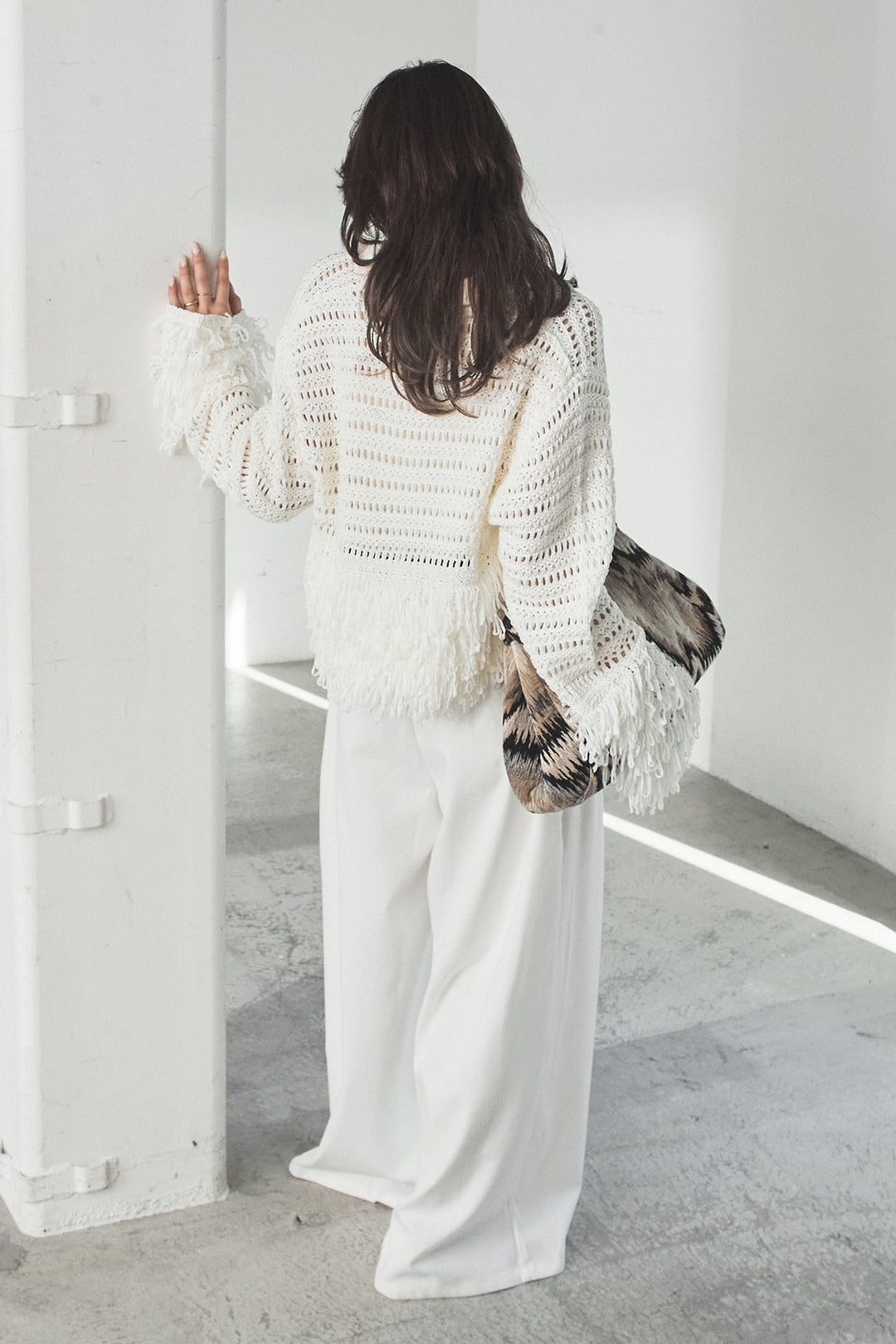 [SET]メッシュフリンジカーディガン+編みベルト付きウエストタックワイドパンツ(2set)