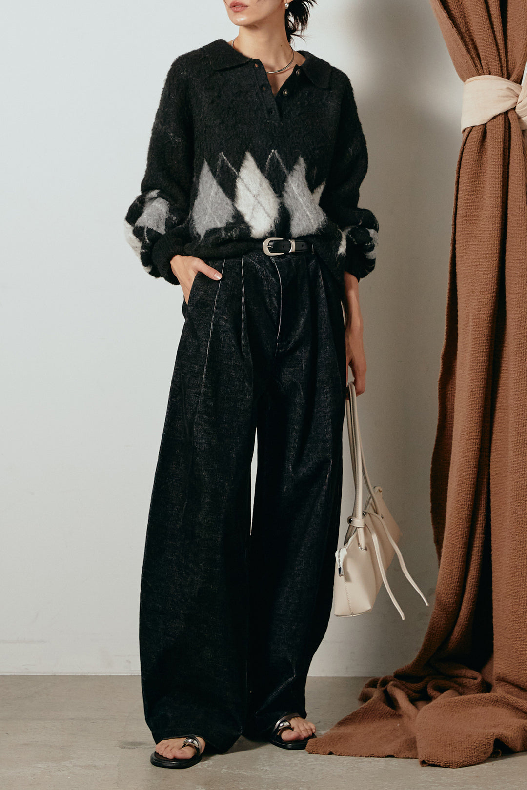 [SET]アーガイル柄ポロニットトップス+フロントタック入りコーデュロイパンツ(2set)