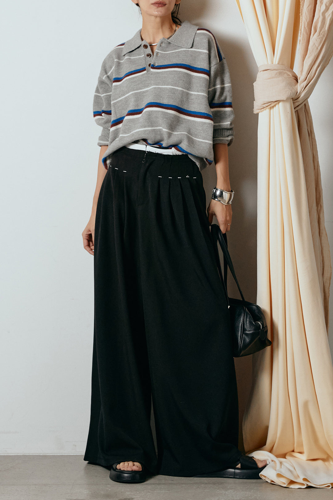 [SET]襟付きマルチボーダーニットポロトップス+ウエストステッチデザインワイドスラックス(2set)