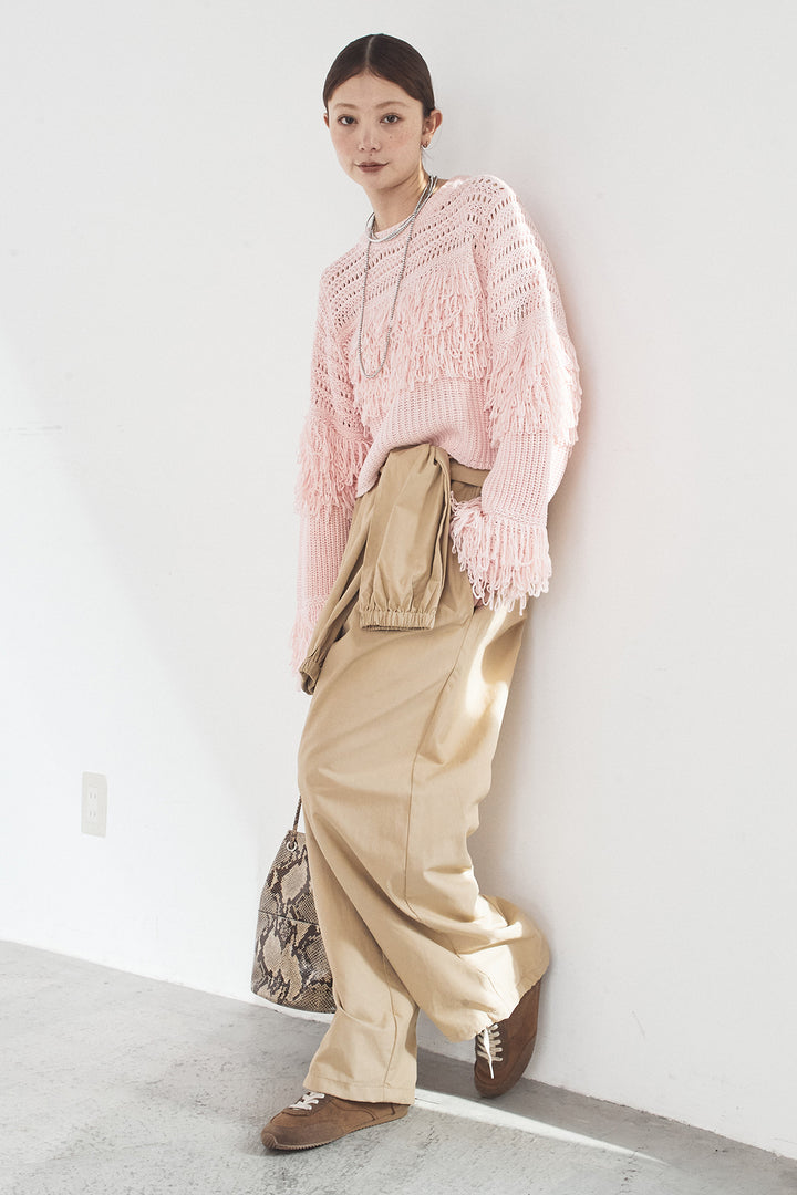 [SET]メッシュフリンジ切り替えプルオーバー+合繊ツイルスタンドウエスト巻きジョガーパンツ(2set)