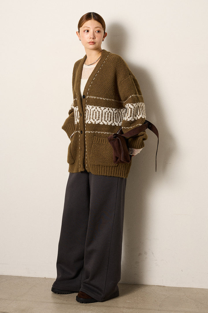 [SET]ライン柄ステッチニットカーディガン+裏起毛スウェットワイドパンツ(2set)