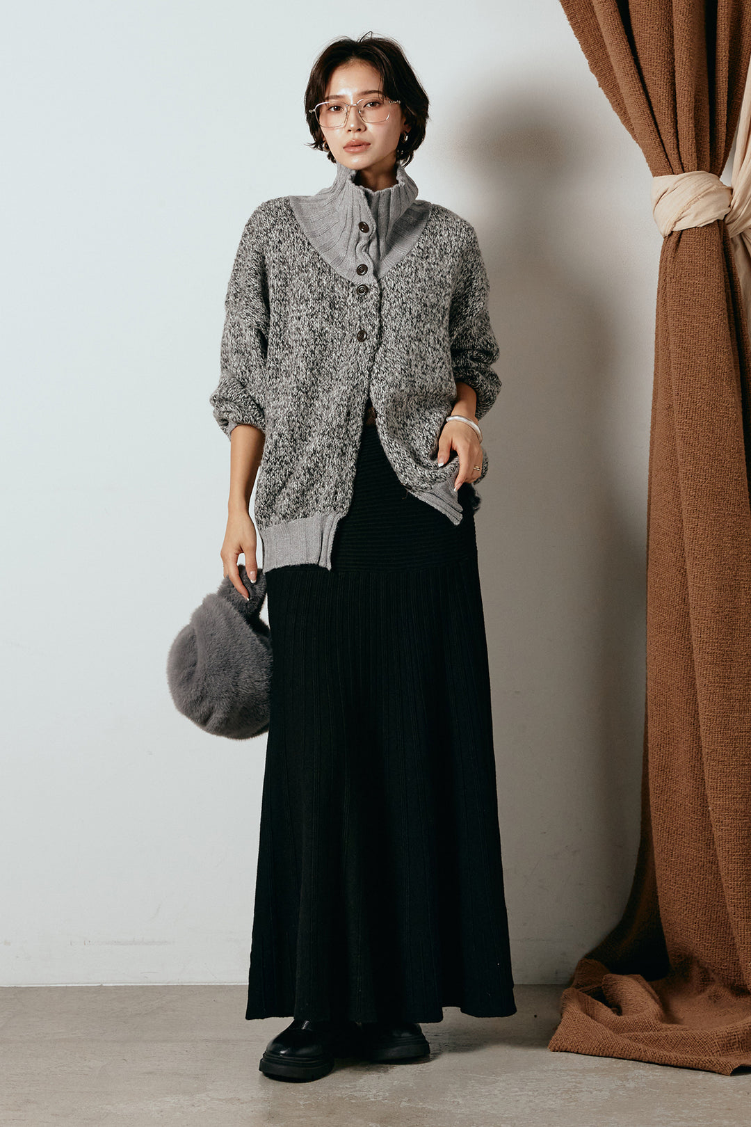[SET]ハイネックミックスニットカーディガン+編み地切り替えフレアニットスカート(2set)