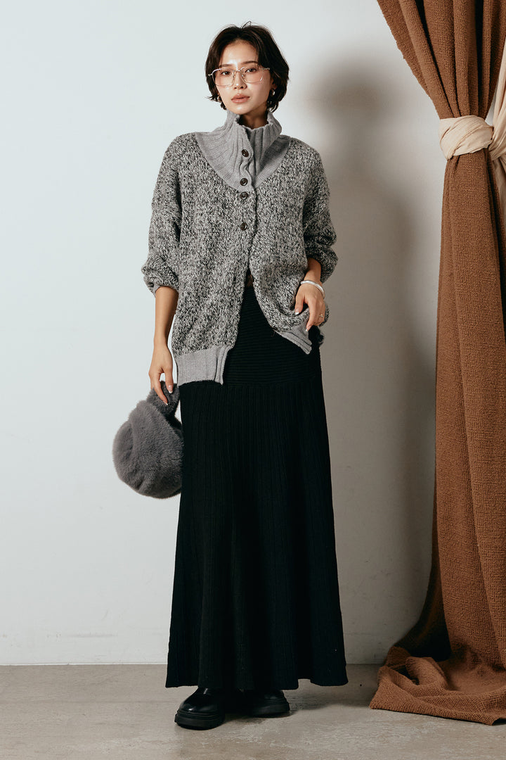 [SET]ハイネックミックスニットカーディガン+編み地切り替えフレアニットスカート(2set)
