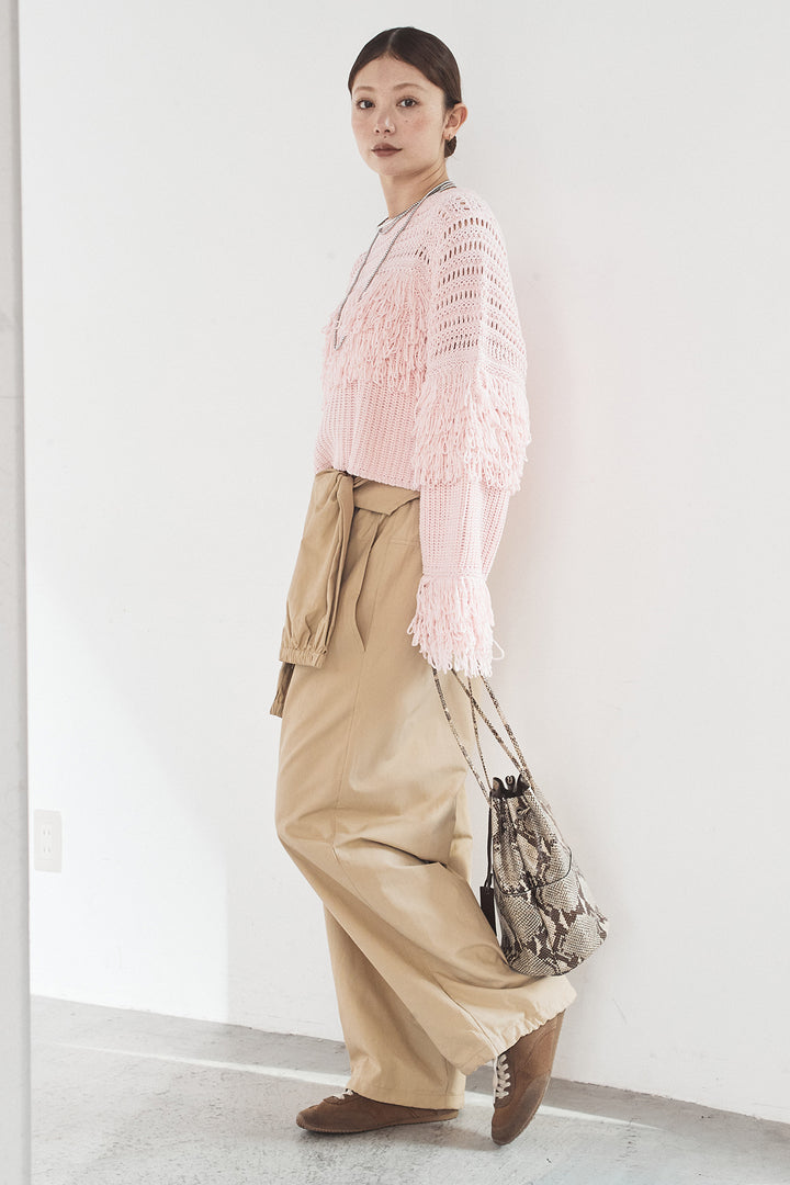 [SET]メッシュフリンジ切り替えプルオーバー+合繊ツイルスタンドウエスト巻きジョガーパンツ(2set)