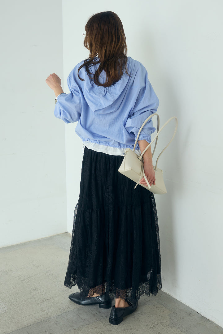 [SET]レイヤードデザインフーディートップス+ひげレース切替ロング丈スカート(2set)