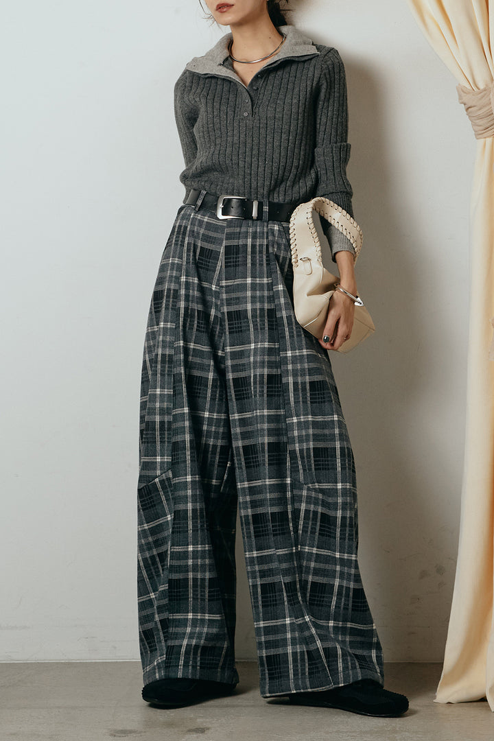 [SET]レイヤード風リブニットトップス+ベルト付きタータンチェックカーブワイドパンツ(2set)