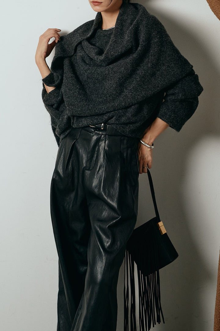 [SET]ネック巻きデザインニットトップス+ベルト付きレザーライクタックパンツ(2set)