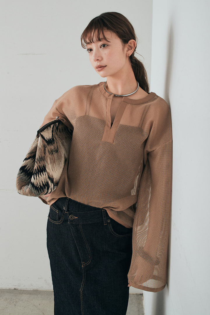 [SET]メッシュカットソースキッパープルオーバー+ウエストクロスデニムタイトスカート(2set)