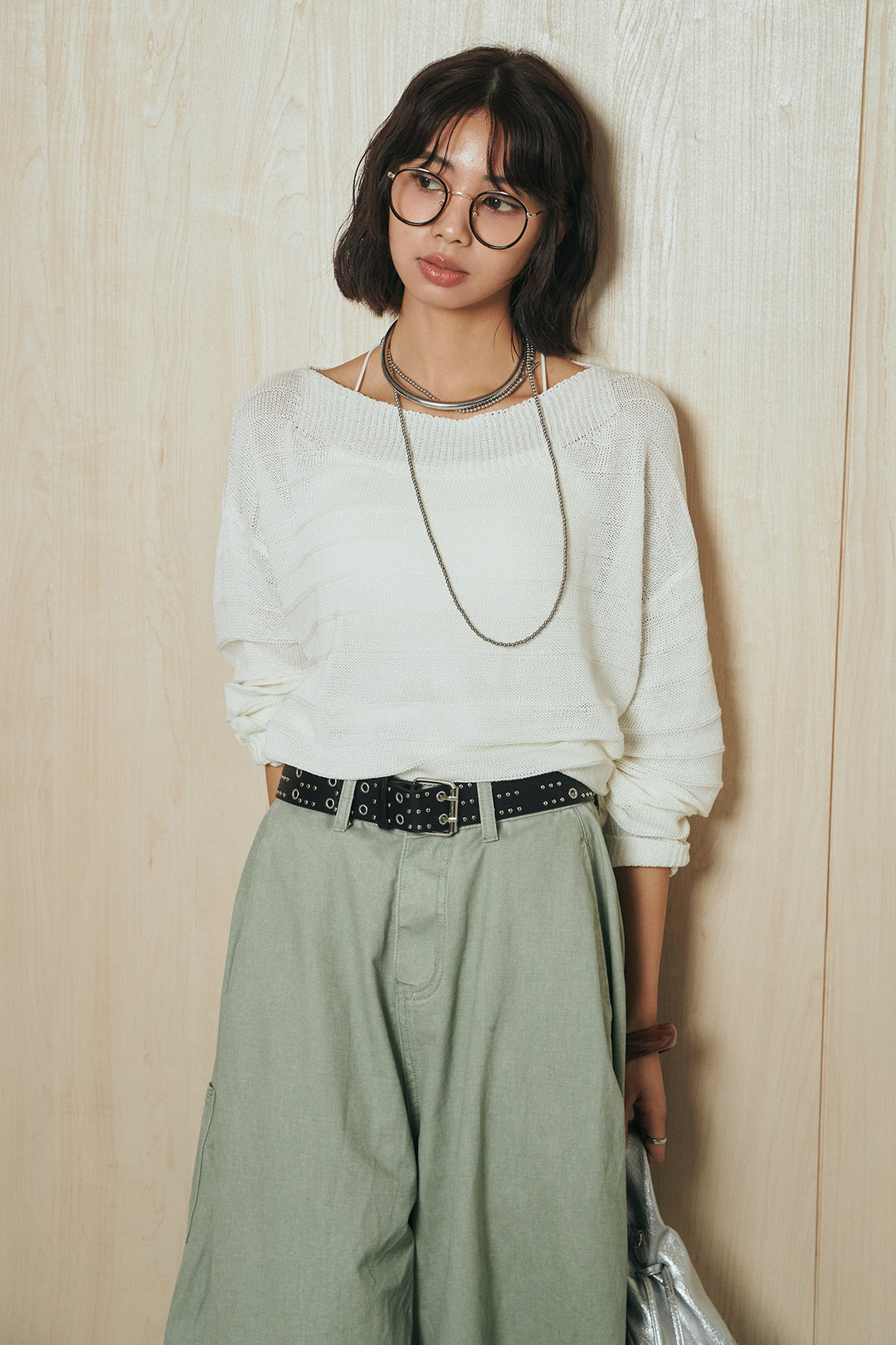 [SET]麻混リラックスニットトップス+ベルト付きカラーデニムパンツ(2set)