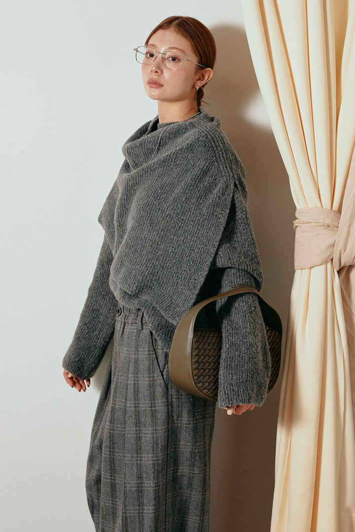[SET]ケープデザインリブニットトップス+タータンチェック柄タックパンツ(2set)
