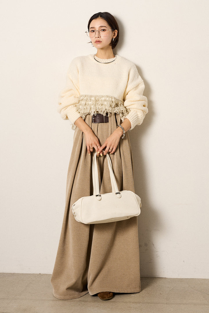 [SET]ループ編み切り替えニットプルオーバー+ベルトループコーデュロイワイドパンツ(2set)