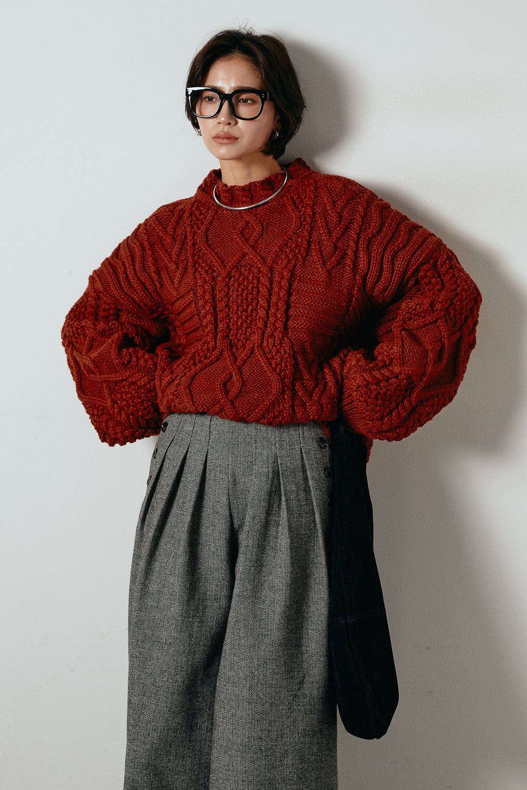 [SET]アラン柄ミックスケーブルニット+サイドボタンツイードタックパンツ(2set)