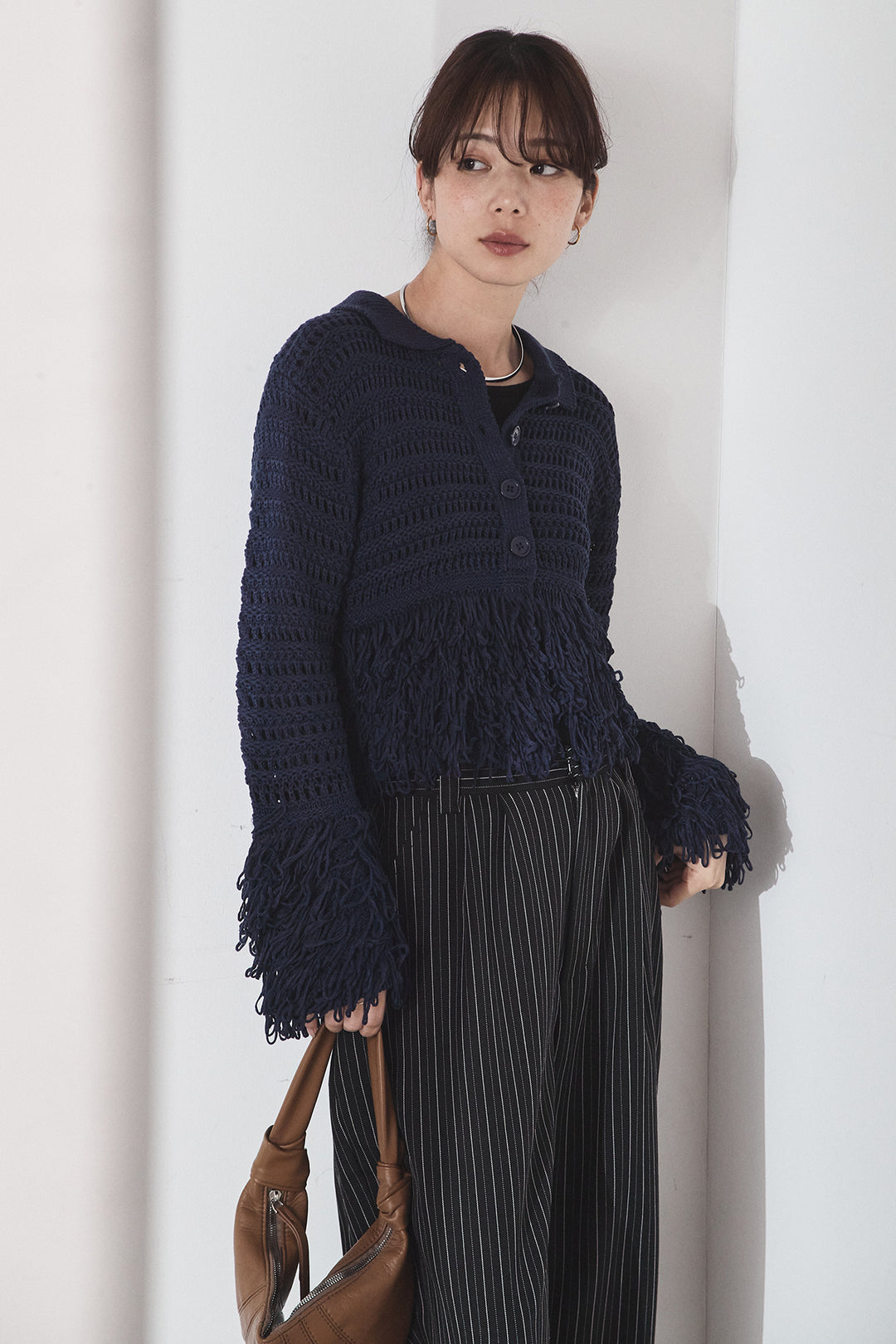 [SET]メッシュフリンジカーディガン+ヘリンボーンストライプツータックパンツ(2set)