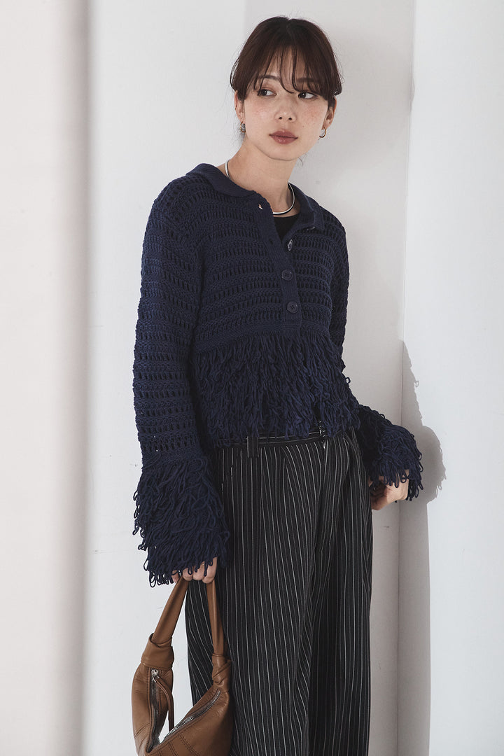 [SET]メッシュフリンジカーディガン+ヘリンボーンストライプツータックパンツ(2set)