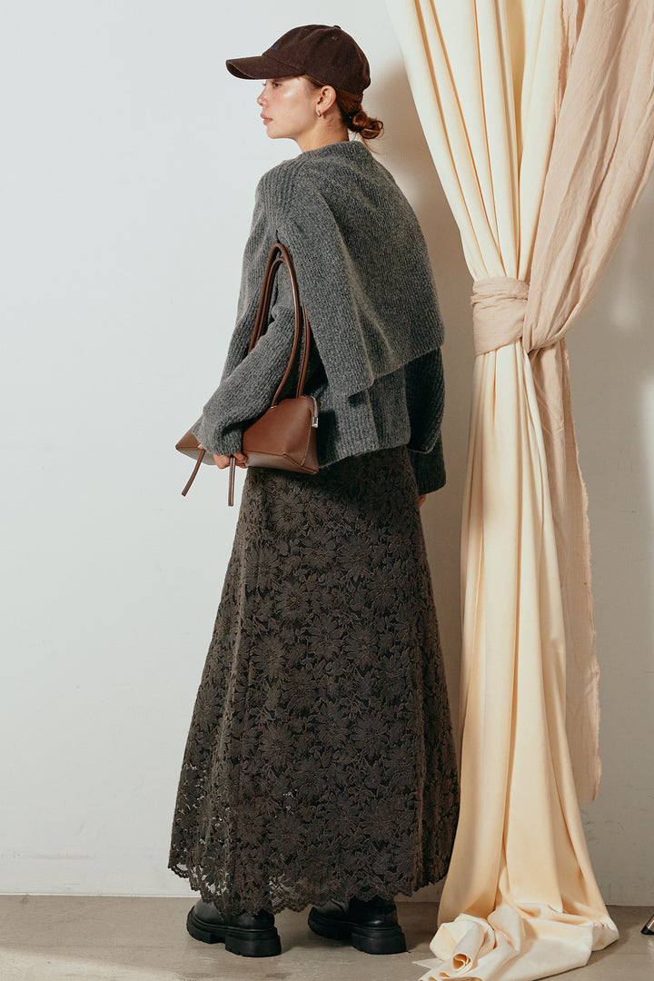 [SET]ケープデザインリブニットトップス+花柄刺繍ベロアフレアスカート(2set)