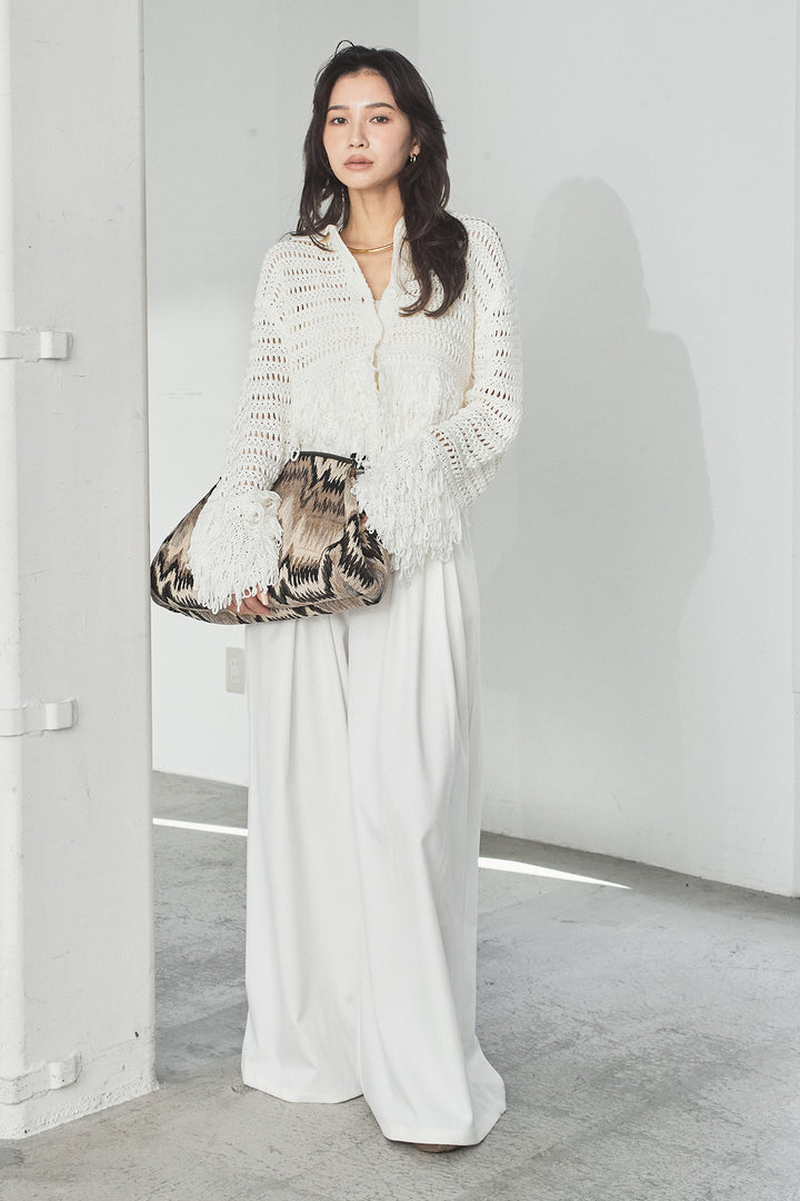 [SET]メッシュフリンジカーディガン+編みベルト付きウエストタックワイドパンツ(2set)