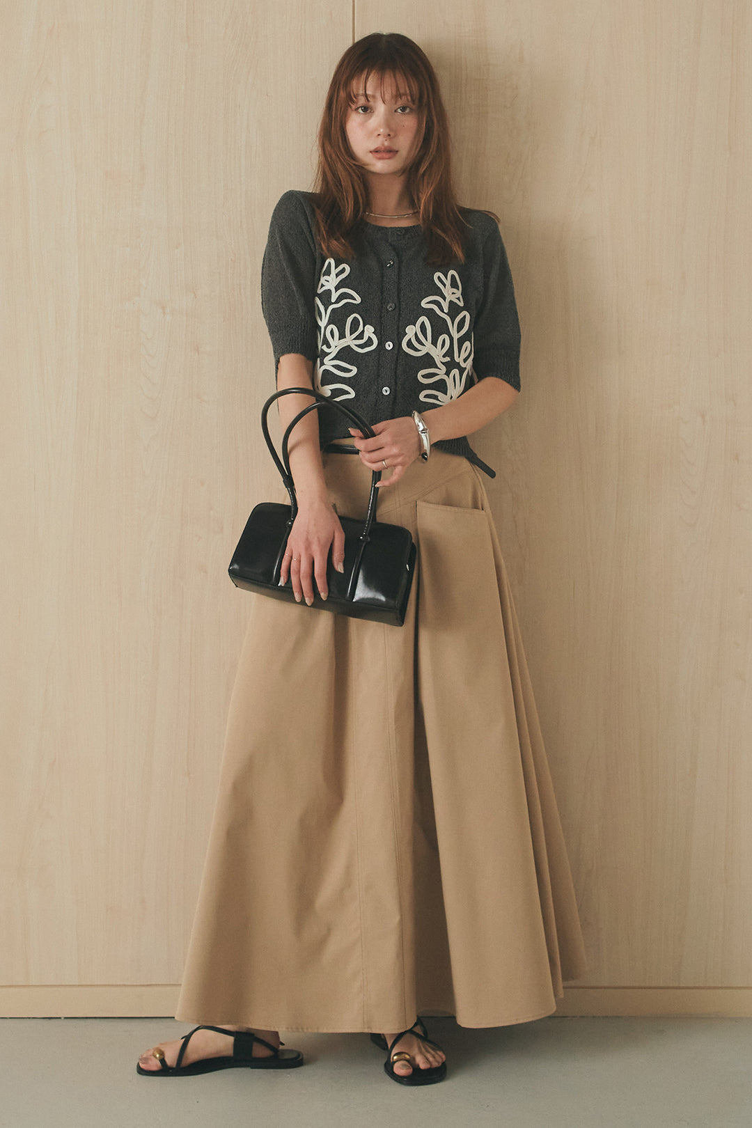 [SET]フロントテープデザイン半袖カーディガン+ミリタリーツイルタックフレアスカート(2set)