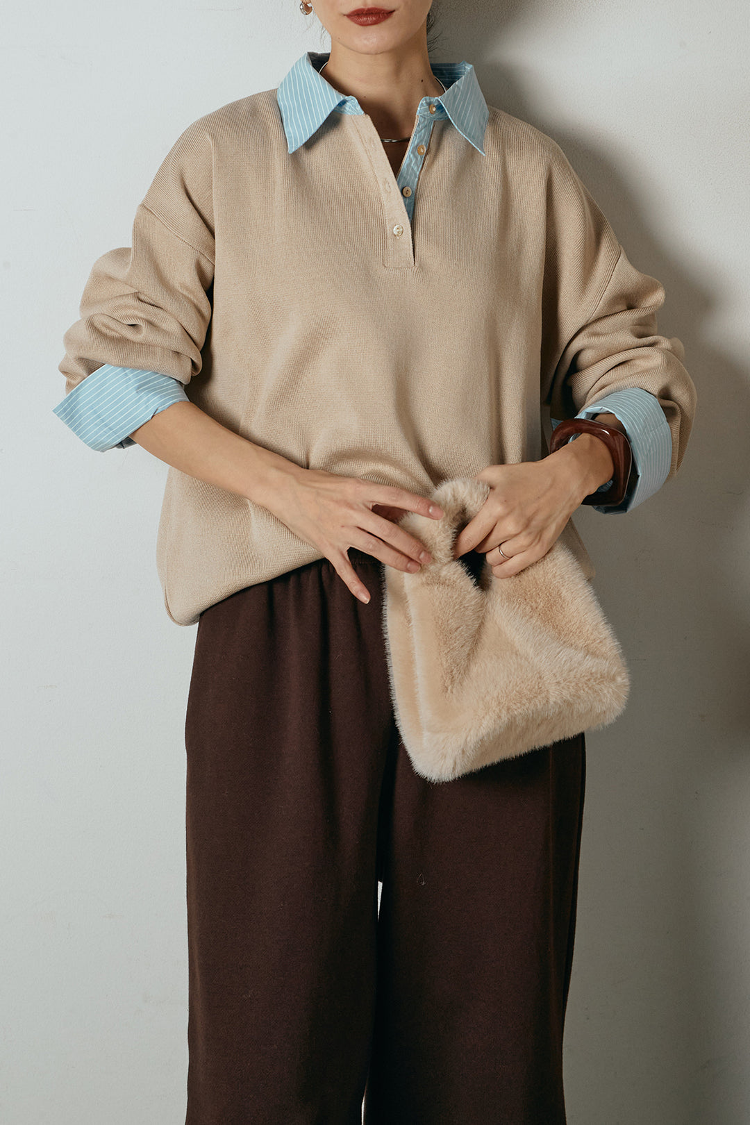 [SET]ストライプシャツドッキングポロトップス+裏起毛スウェットワイドパンツ(2set)