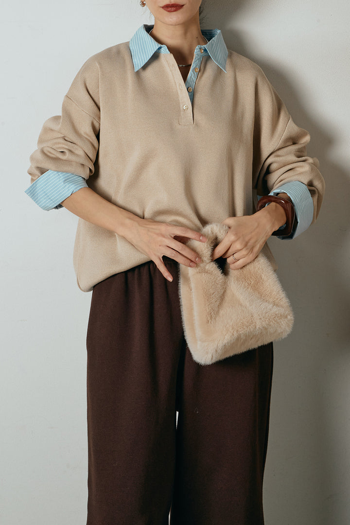 [SET]ストライプシャツドッキングポロトップス+裏起毛スウェットワイドパンツ(2set)