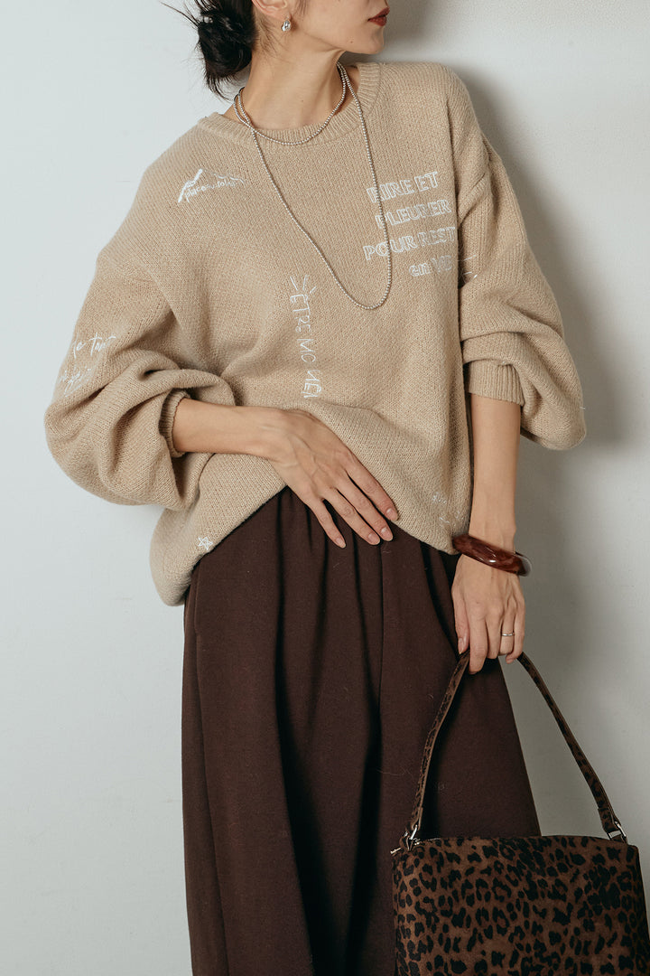 [SET]刺繍ロゴランダムデザインニットトップス+裏起毛スウェットワイドパンツ(2set)