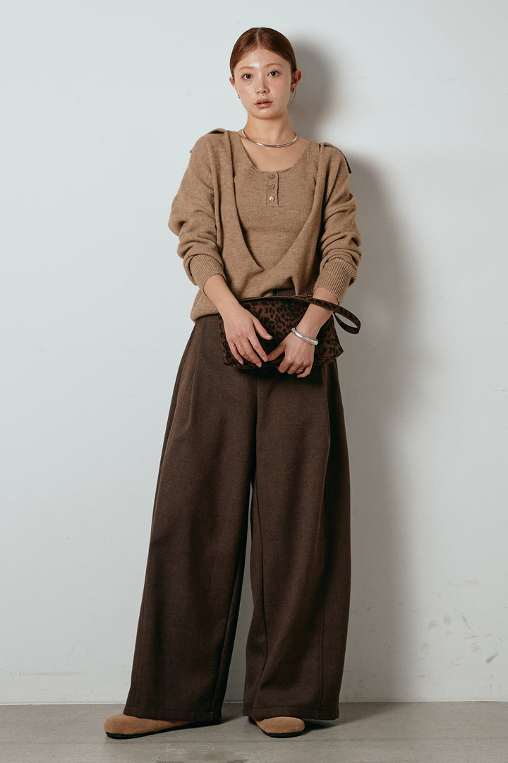 [SET]襟付きレイヤードニットトップス+ポーチベルト付きカーブパンツ(2set)