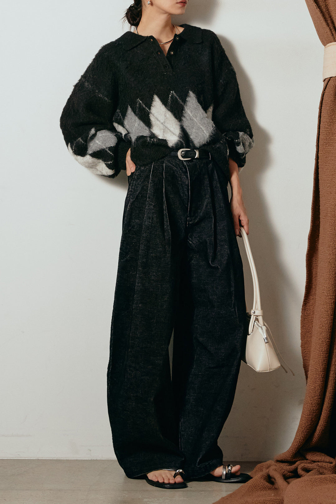 [SET]アーガイル柄ポロニットトップス+フロントタック入りコーデュロイパンツ(2set)