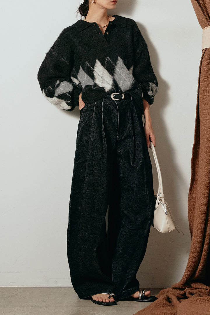 [SET]アーガイル柄ポロニットトップス+フロントタック入りコーデュロイパンツ(2set)