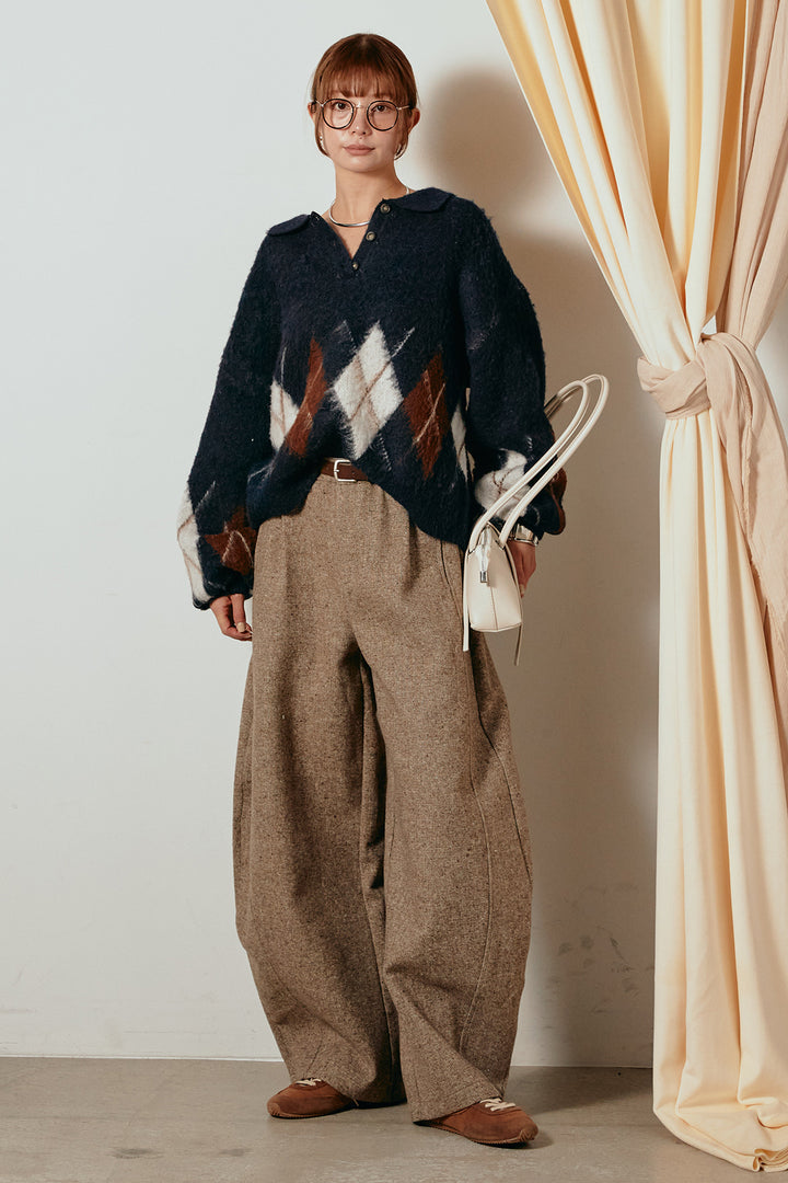 [SET]アーガイル柄ポロニットトップス+ベルト付きネップツイードカーブパンツ(2set)