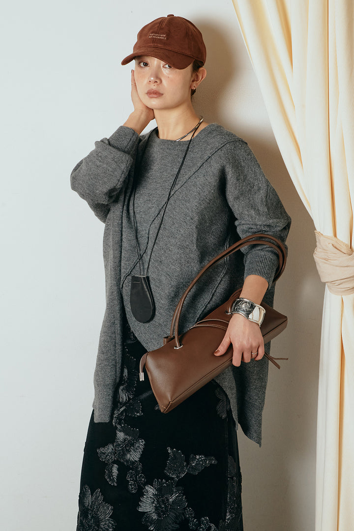 [SET]アシンメトリーデザインニットトップス+フラワー刺繍ワイドスカート(2set)