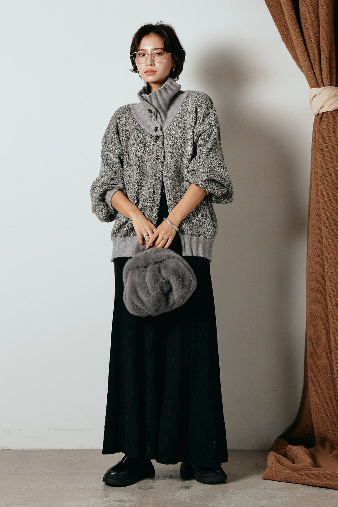 [SET]ハイネックミックスニットカーディガン+編み地切り替えフレアニットスカート(2set)