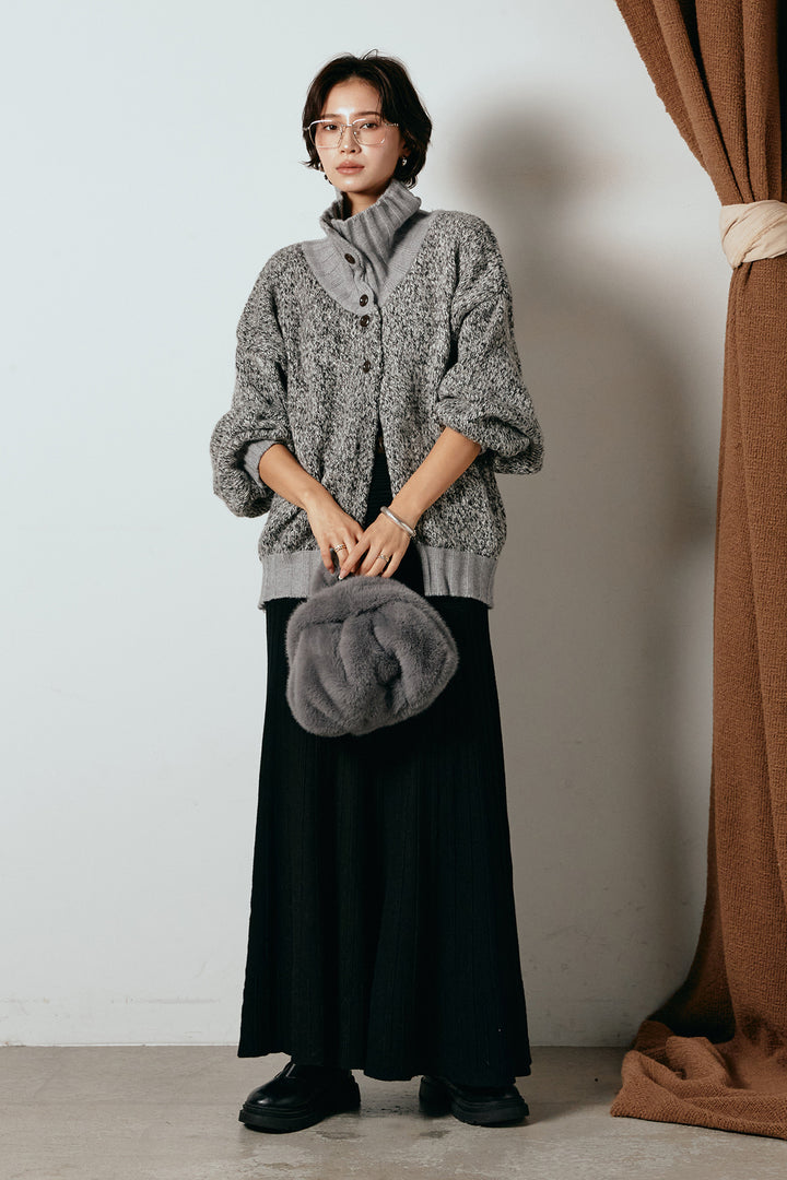[SET]ハイネックミックスニットカーディガン+編み地切り替えフレアニットスカート(2set)
