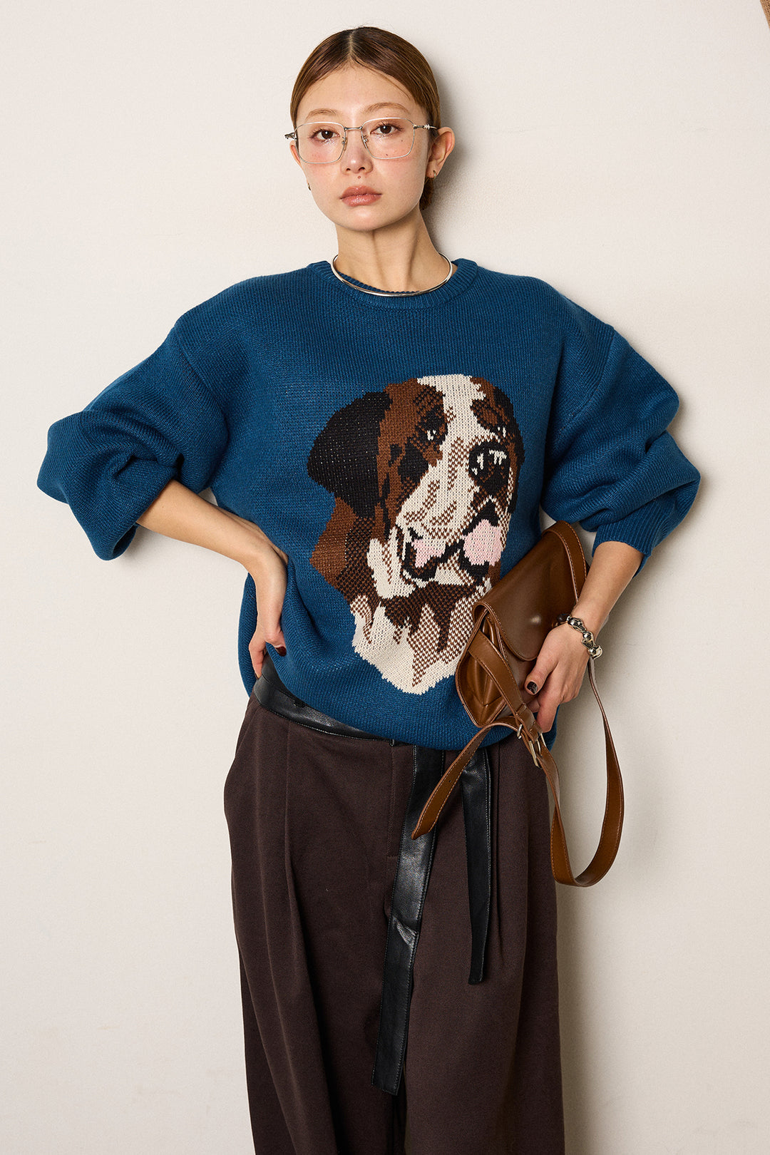 [SET]アニマルジャガード柄ニットトップス+巻ベルトウエストレザーライクワイドパンツ(2set)